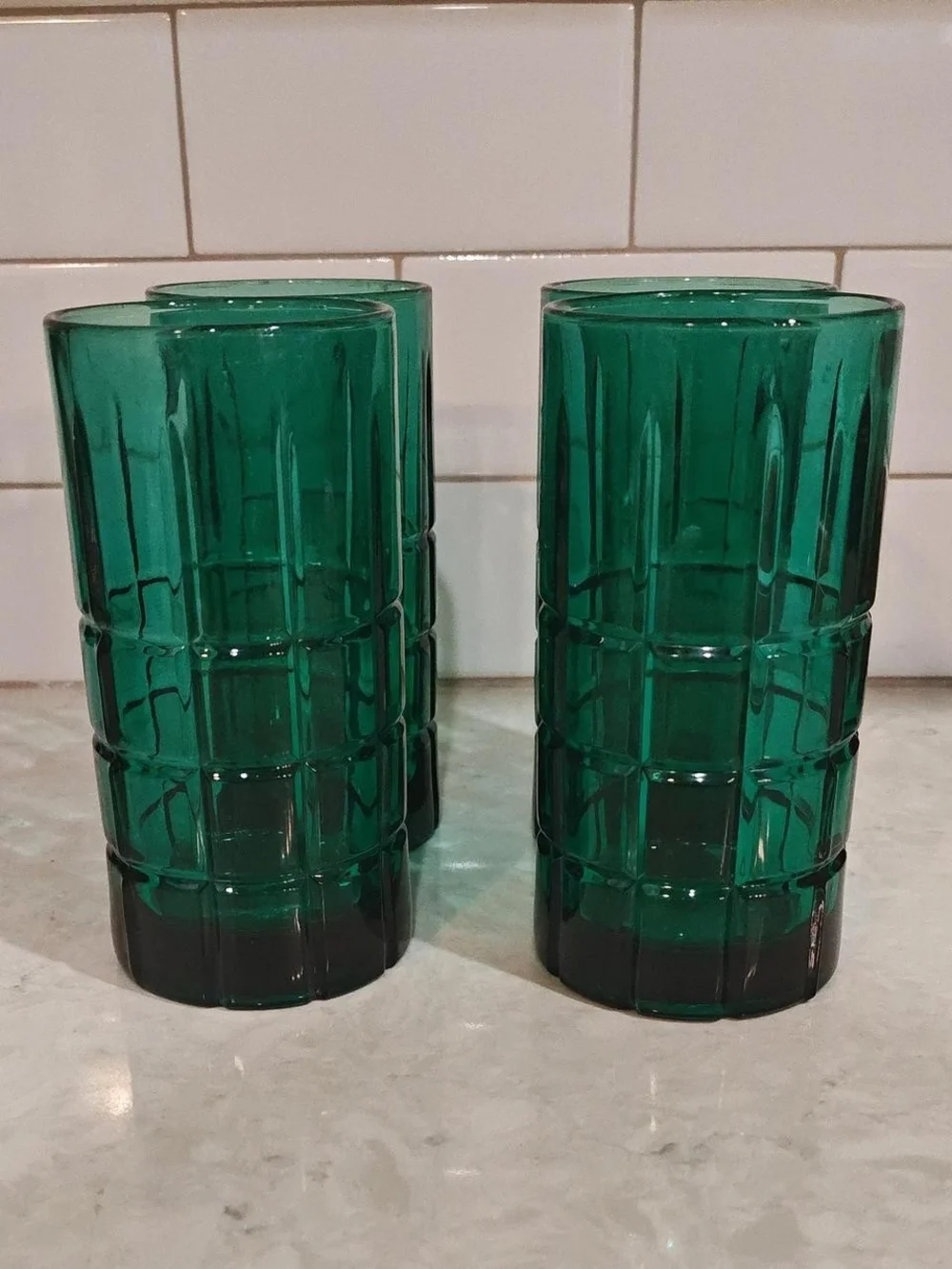 Vintage Anchor Hocking Emerald Green Tartan Plaid Tall 16oz Glass Lot Of 4 Heavy